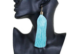 New Teal Blue Fabric Tassel Long Fringe Earrings Set